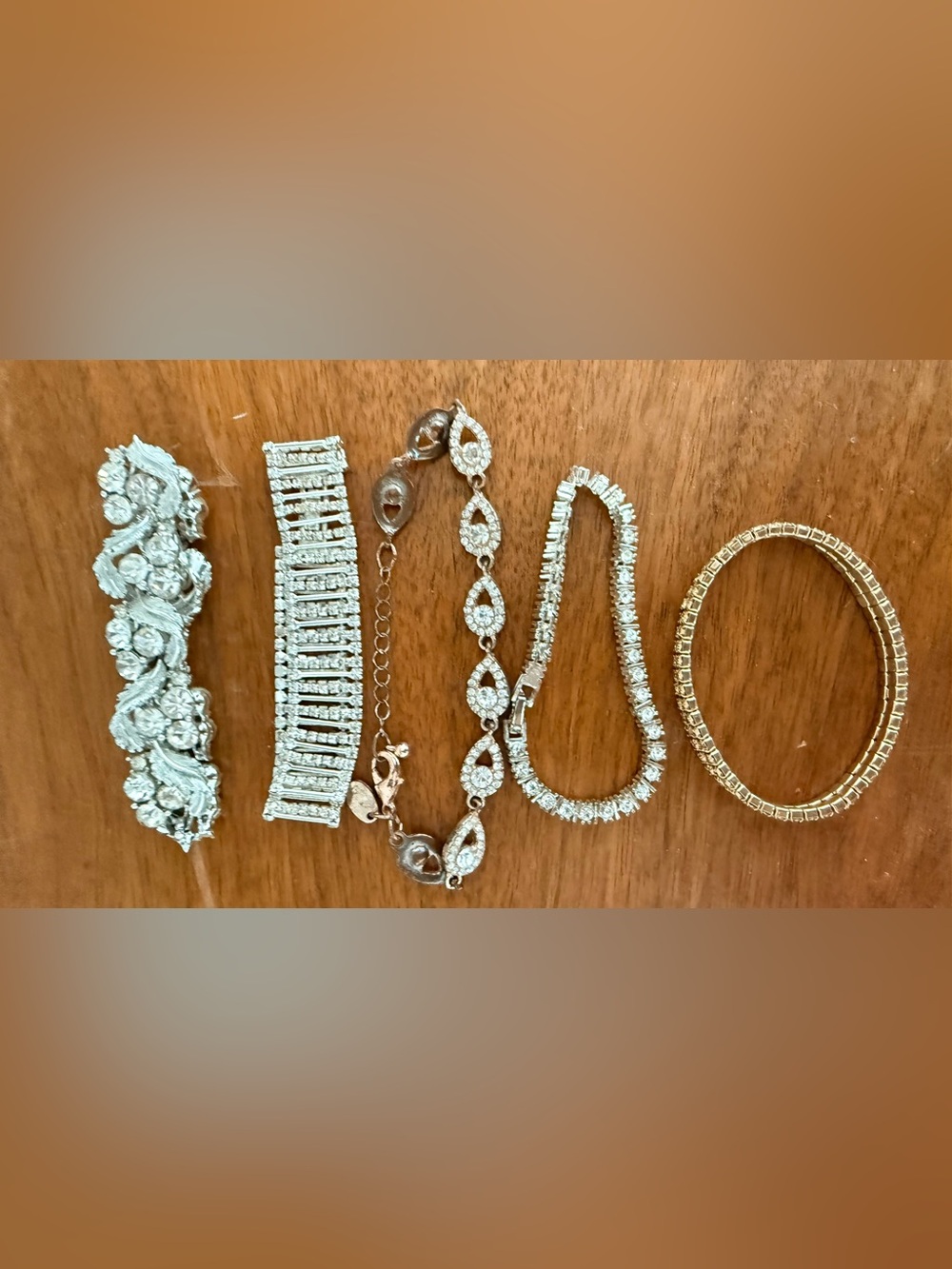 5-Piece Rhinestone & Crystal Bracelet Lot – Silver & Gold Tone
